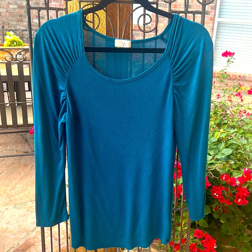 T.La by Anthropologie Teal Carver Top 3/4 sleeves Size XS